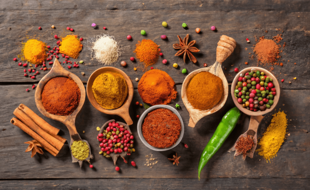 A selection of Indian spices in wooden bowls