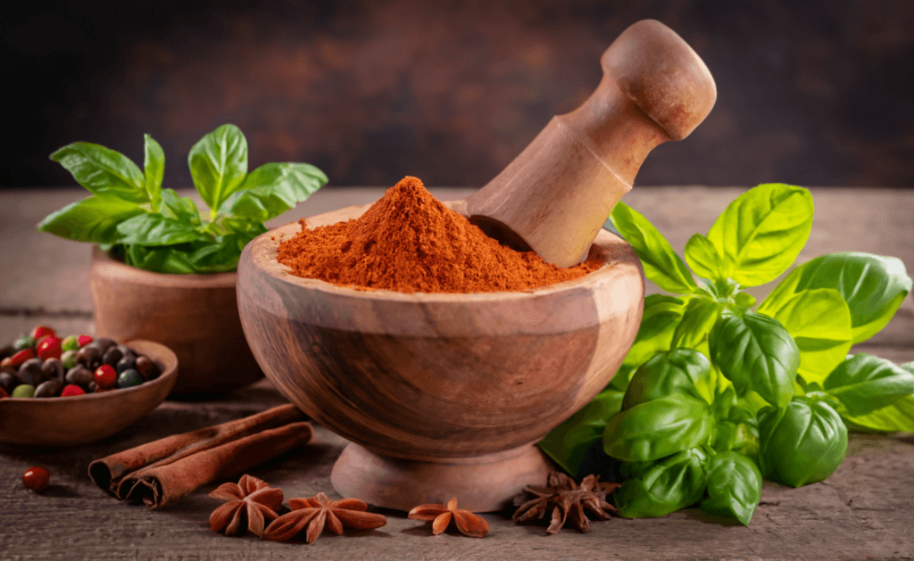 Aromatic Indian spices in a traditional wooden mortar